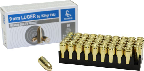 Scorpio 9mm Luger 124gr FMJ Ammo - 50RD 20BX/CS